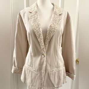 Chicos Blazer Jacket Womens 3 US XL Tan White Stripe Cotton Lace Detail